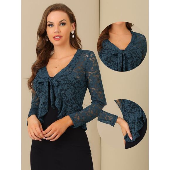Floral Lace Shrug Tie Front Ruffled Sheer Crop Bolero Cardigan Dark Blue Grey - Picture 2 of 6